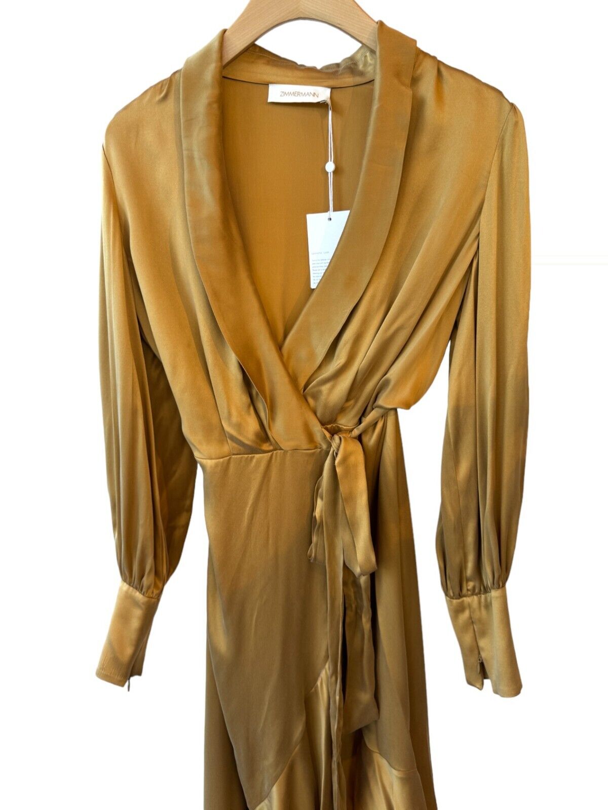 Zimmermann Silk Wrap Midi Dress |Honey/Gold, Sueded Silk Cocktail, Dolman Sleeve