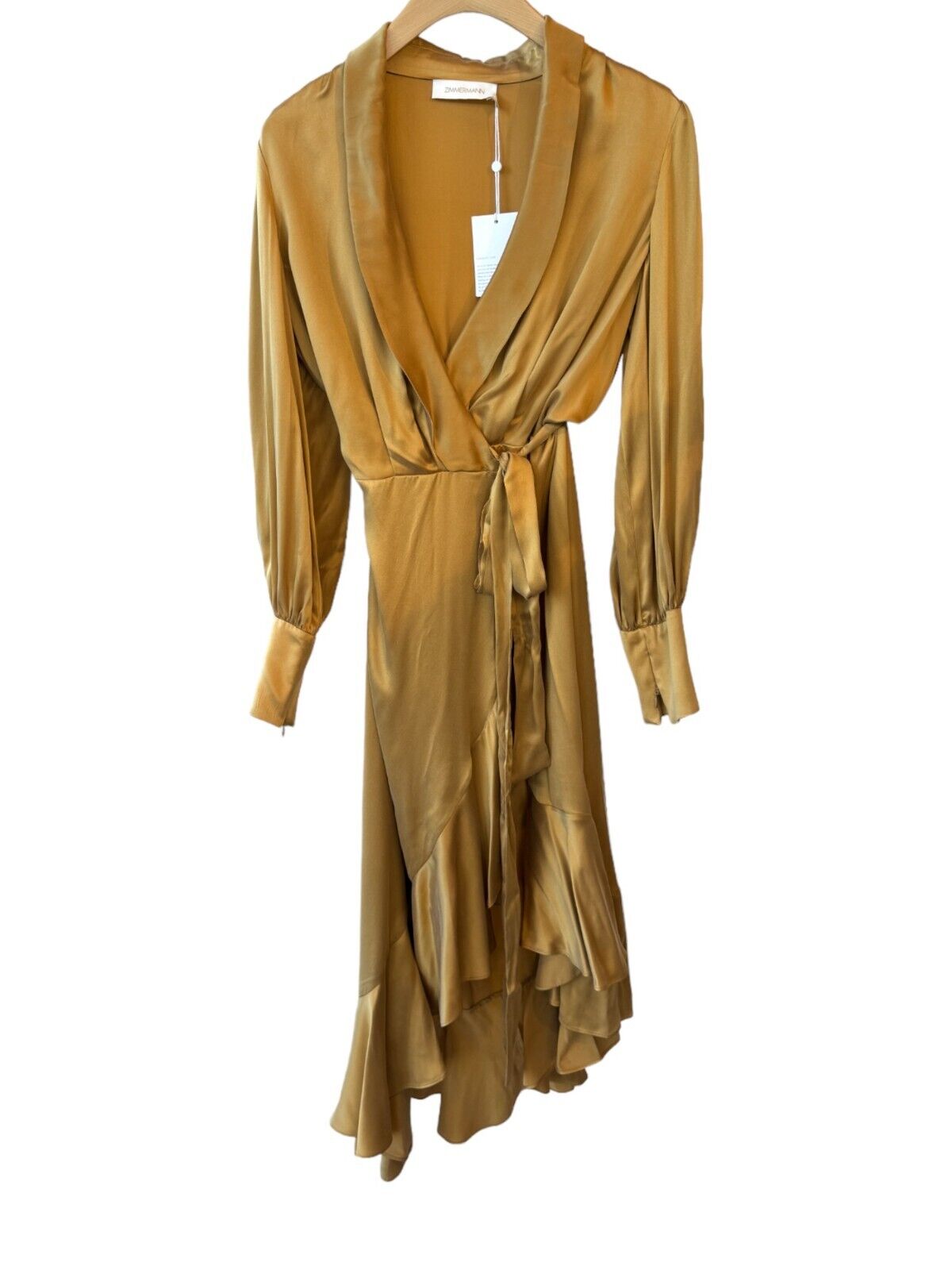 Zimmermann Silk Wrap Midi Dress |Honey/Gold, Sueded Silk Cocktail, Dolman Sleeve