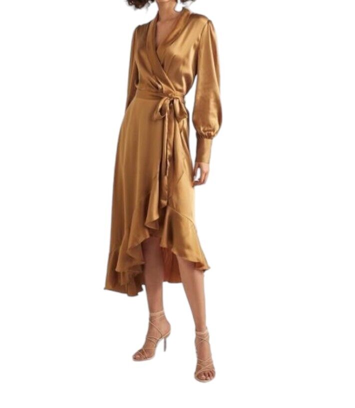 Zimmermann Silk Wrap Midi Dress |Honey/Gold, Sueded Silk Cocktail, Dolman Sleeve