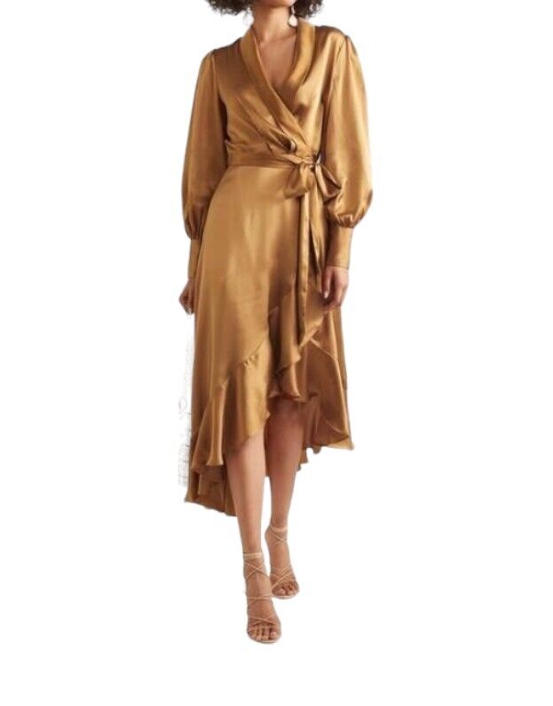 Zimmermann Silk Wrap Midi Dress |Honey/Gold, Sueded Silk Cocktail, Dolman Sleeve