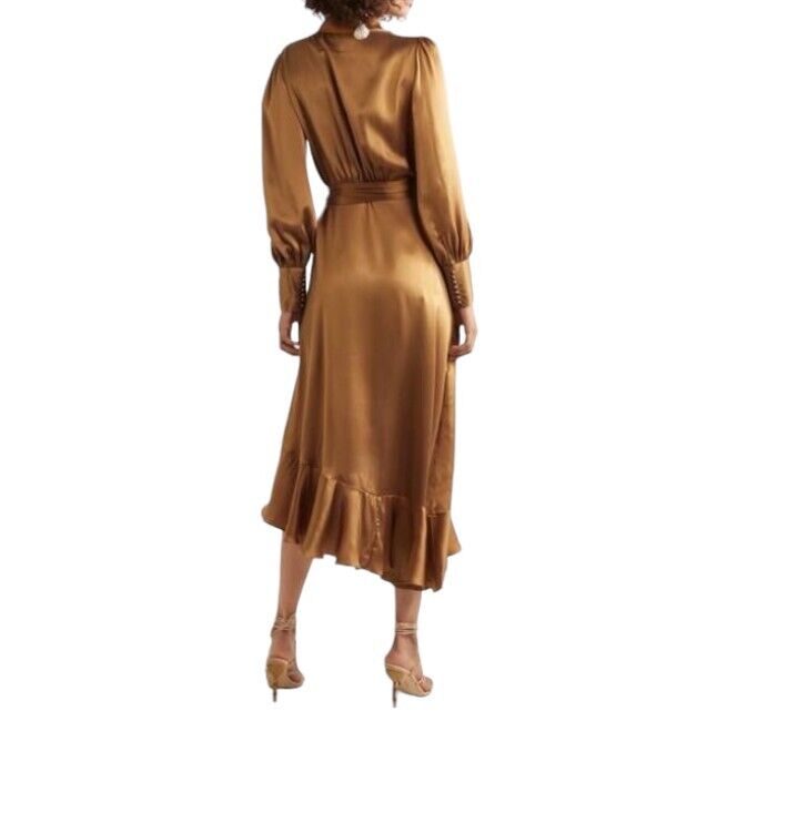 Zimmermann Silk Wrap Midi Dress |Honey/Gold, Sueded Silk Cocktail, Dolman Sleeve