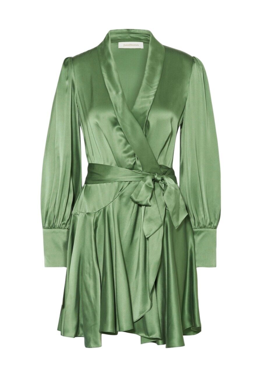 Zimmermann Silk Wrap Mini Dress | Matcha / Green, Silk, Cocktail, Dolman Sleeves