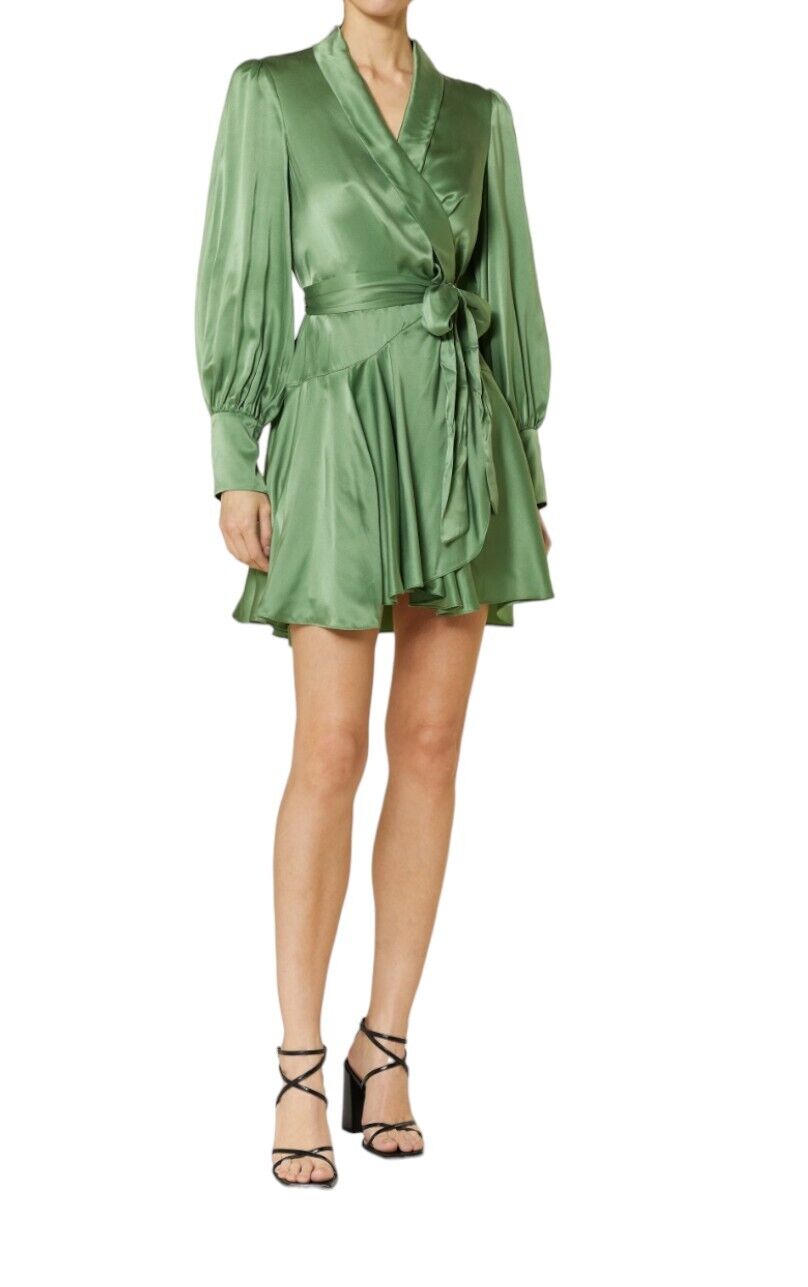 Zimmermann Silk Wrap Mini Dress | Matcha / Green, Silk, Cocktail, Dolman Sleeves