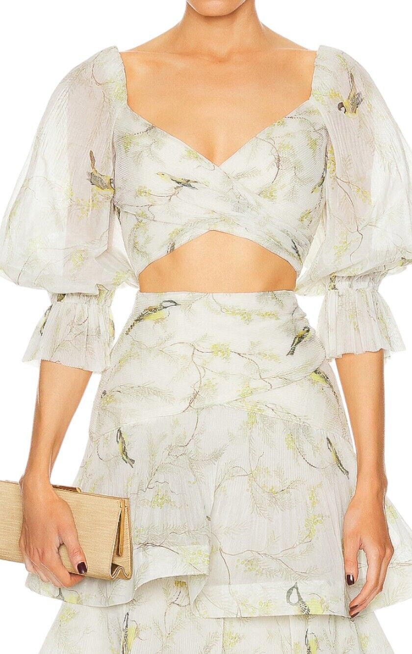 Zimmermann Pleated Bodice | White Acacia Bird Print, Crop, Plisse, Puff Sleeve