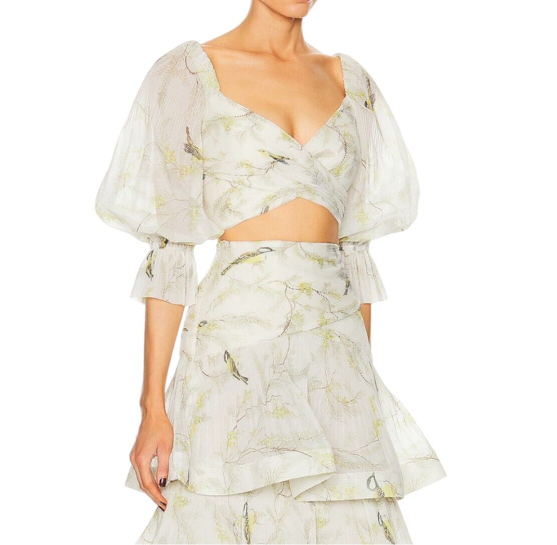 Zimmermann Pleated Bodice | White Acacia Bird Print, Crop, Plisse, Puff Sleeve