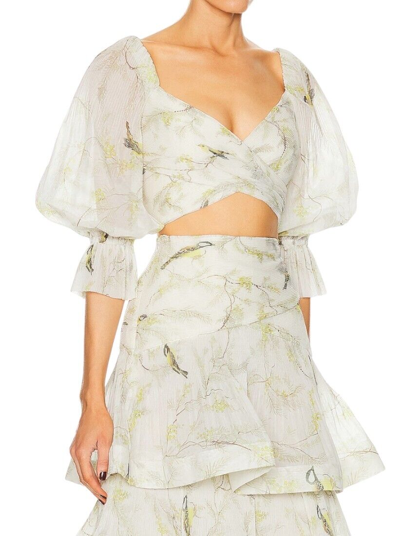 Zimmermann Pleated Bodice | White Acacia Bird Print, Crop, Plisse, Puff Sleeve