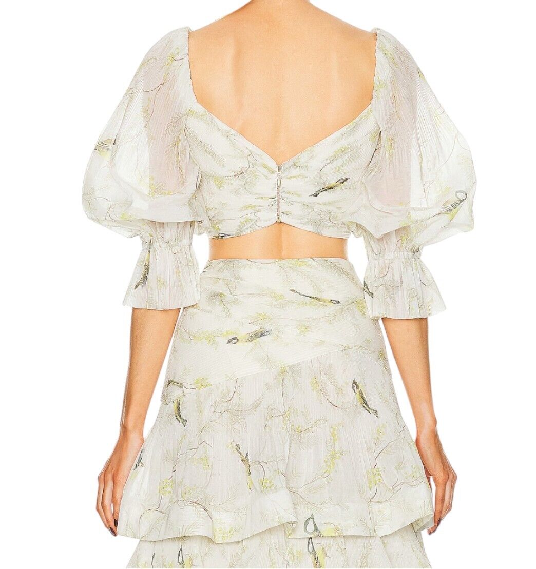 Zimmermann Pleated Bodice | White Acacia Bird Print, Crop, Plisse, Puff Sleeve