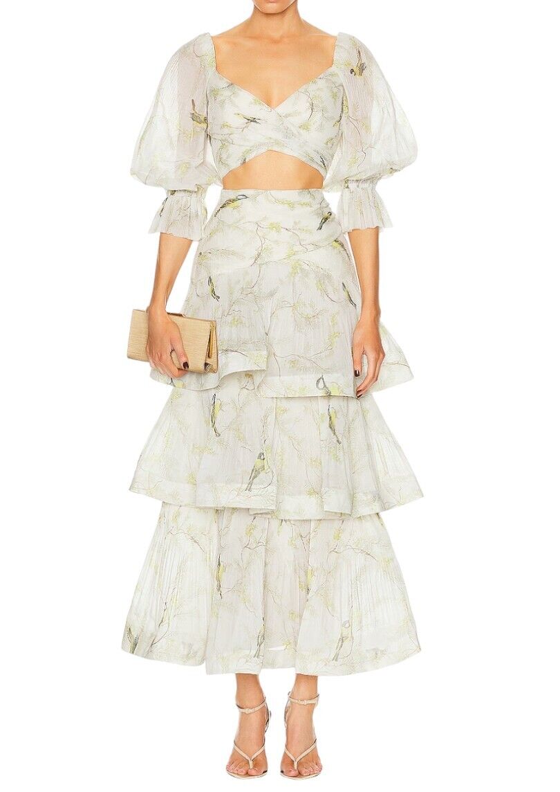 Zimmermann Pleated Bodice | White Acacia Bird Print, Crop, Plisse, Puff Sleeve