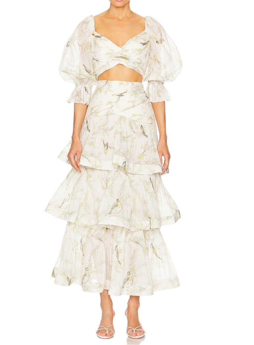 Zimmermann Pleated Bodice | White Acacia Bird Print, Crop, Plisse, Puff Sleeve