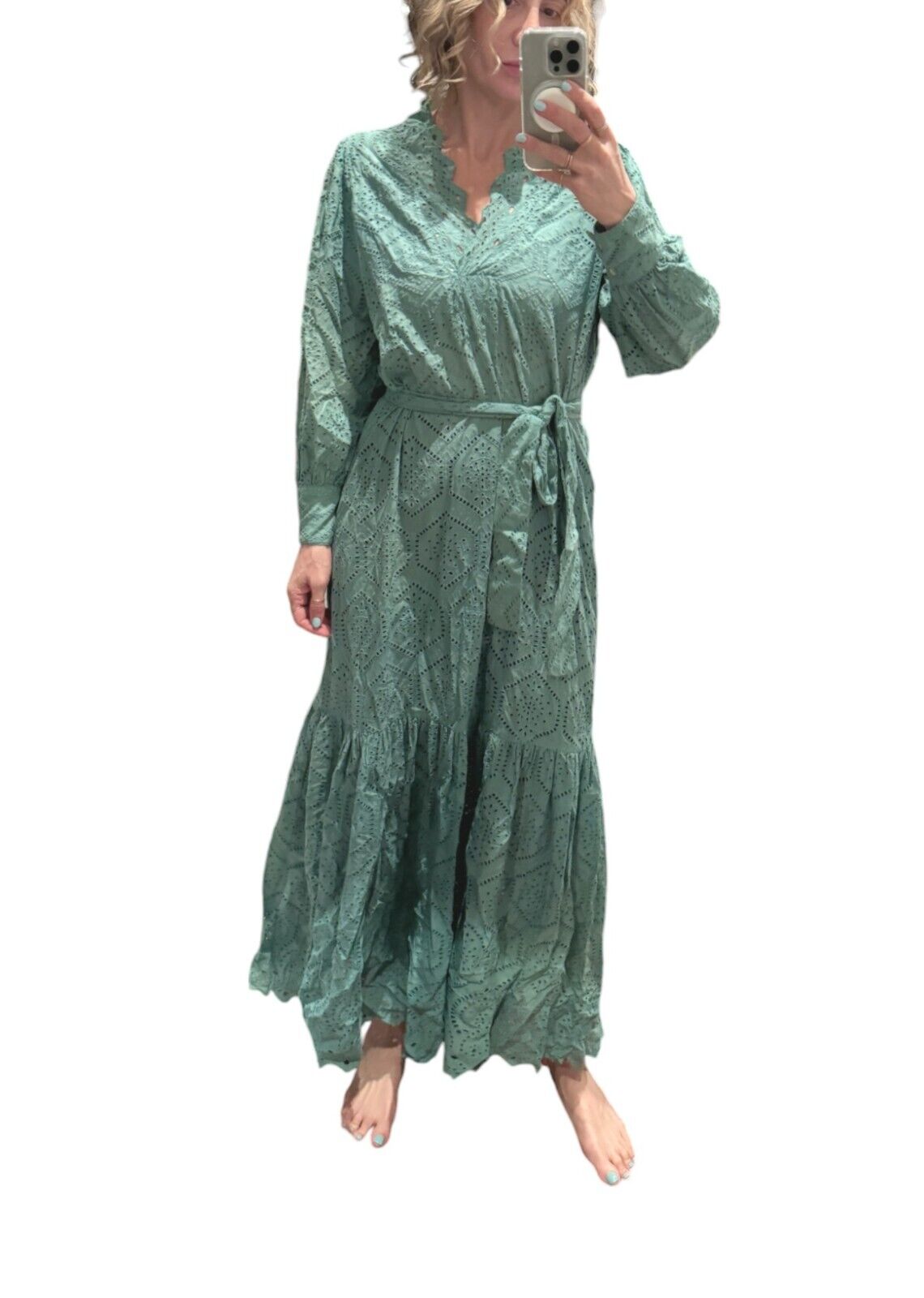 HANNAH ARTWEAR Broderie Anglaise Dress | Green, Maxi/Long, Belted, Embroidered