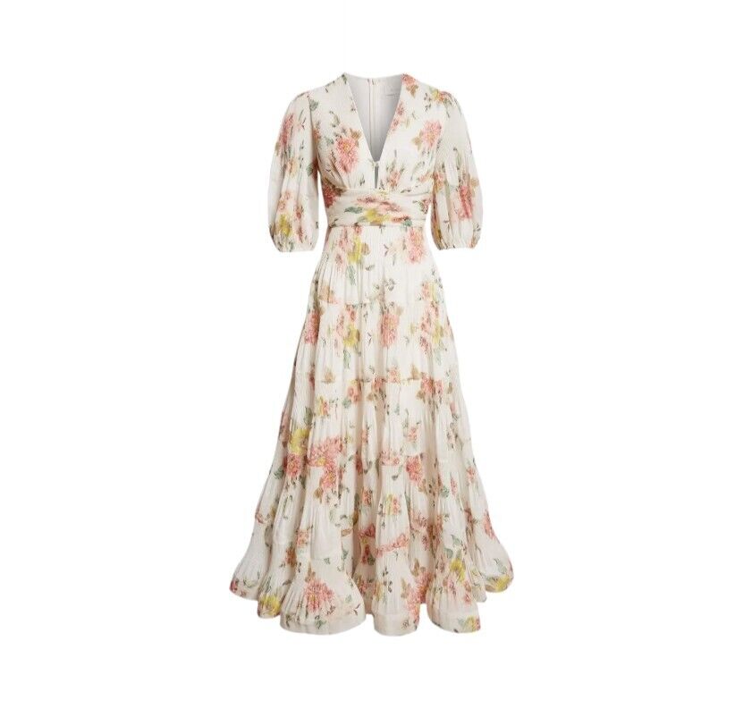 Zimmermann Pleated Midi Dress | Plisse, White, Coral Floral, Puff Sleeves, VNeck