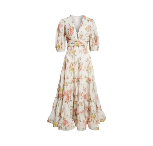 Zimmermann Pleated Midi Dress | Plisse, White, Coral Floral, Puff Sleeves, VNeck