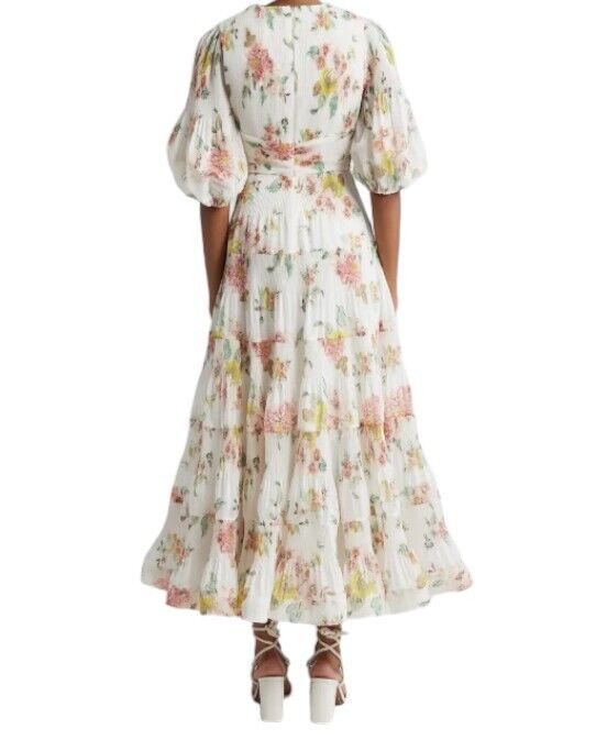 Zimmermann Pleated Midi Dress | Plisse, White, Coral Floral, Puff Sleeves, VNeck