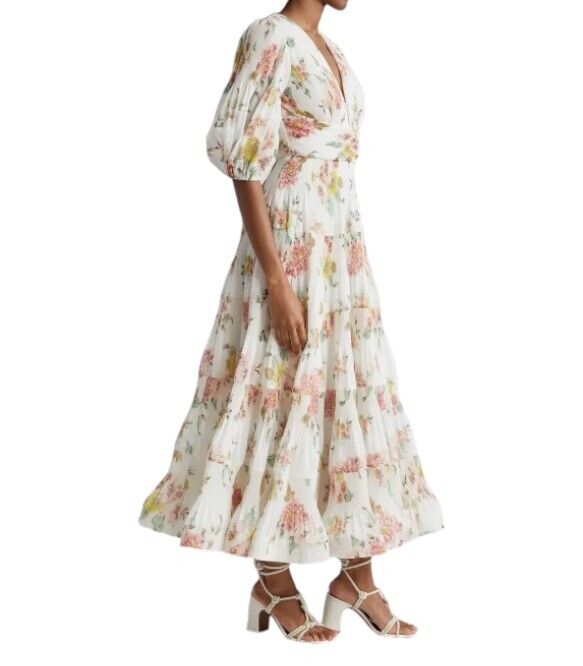 Zimmermann Pleated Midi Dress | Plisse, White, Coral Floral, Puff Sleeves, VNeck