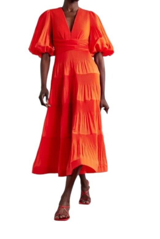 Zimmermann Pleated Midi Dress |Plisse, Tomato/Red, Puff Sleeves, Plunging V-Neck