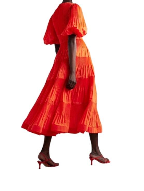 Zimmermann Pleated Midi Dress |Plisse, Tomato/Red, Puff Sleeves, Plunging V-Neck