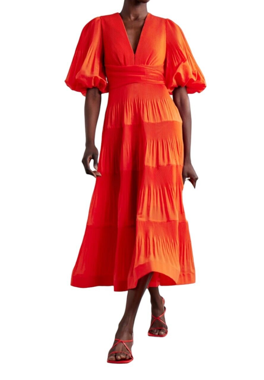 Zimmermann Pleated Midi Dress |Plisse, Tomato/Red, Puff Sleeves, Plunging V-Neck