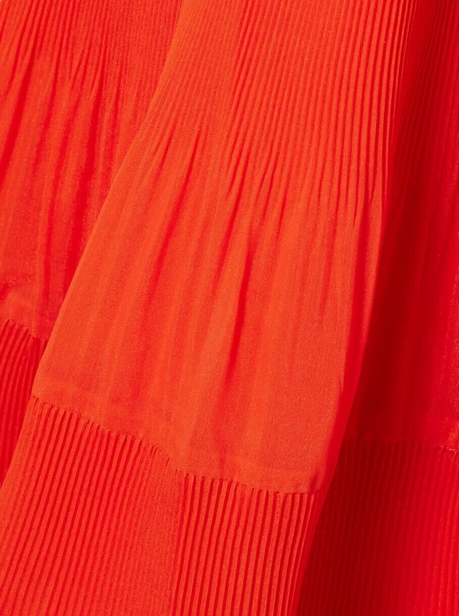 Zimmermann Pleated Midi Dress |Plisse, Tomato/Red, Puff Sleeves, Plunging V-Neck