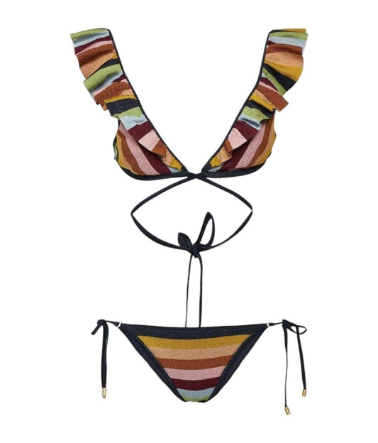 Zimmermann Alight Metallic Knit Bikini Set | Multi Colour Stripe, Wrap, Frills