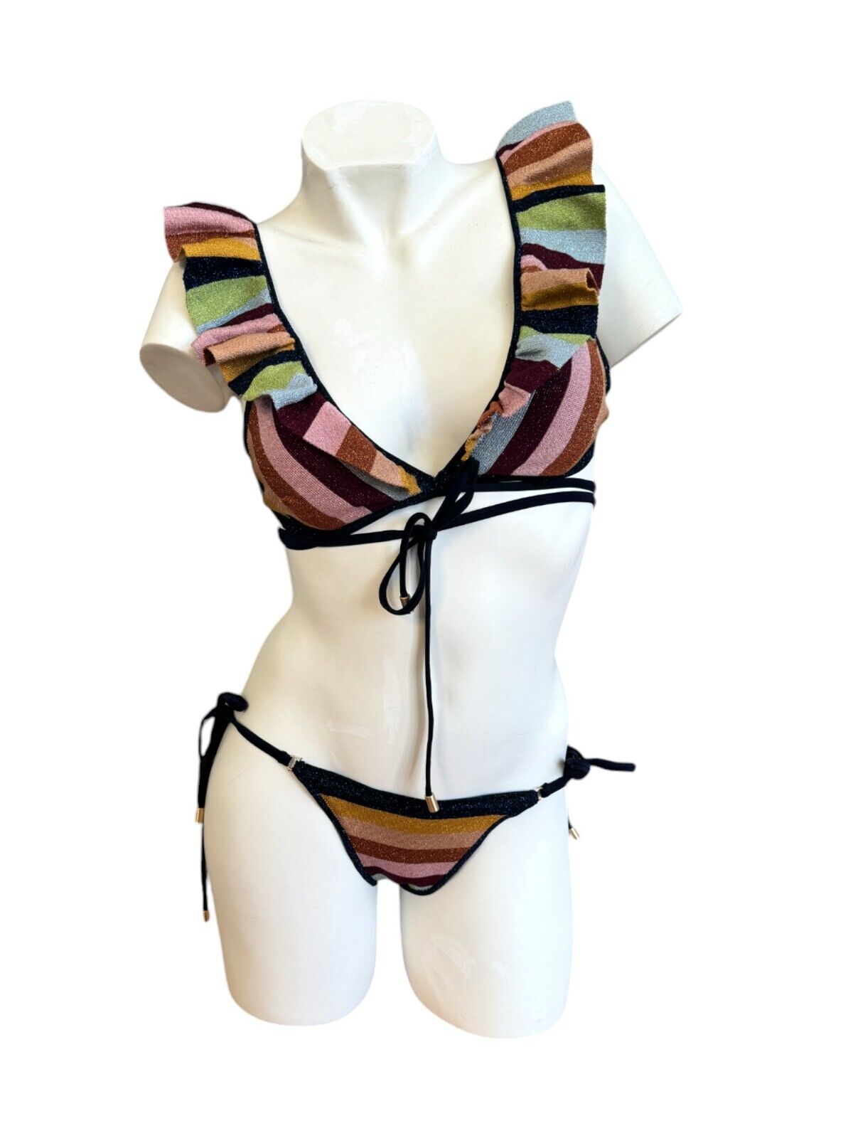 Zimmermann Alight Metallic Knit Bikini Set | Multi Colour Stripe, Wrap, Frills