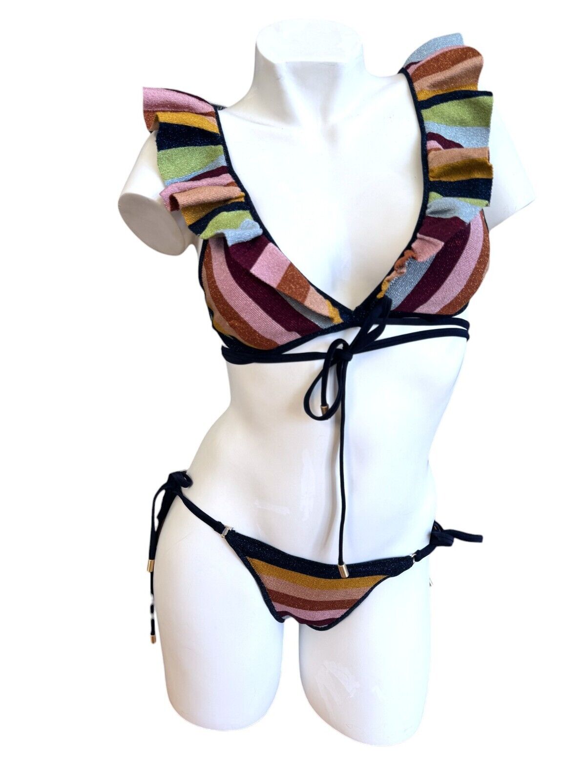 Zimmermann Alight Metallic Knit Bikini Set | Multi Colour Stripe, Wrap, Frills