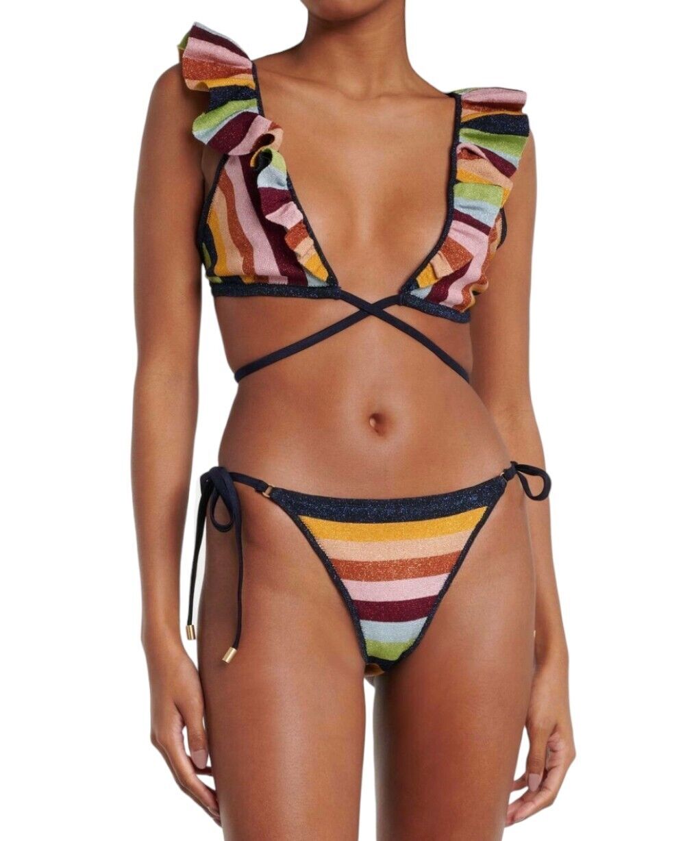 Zimmermann Alight Metallic Knit Bikini Set | Multi Colour Stripe, Wrap, Frills