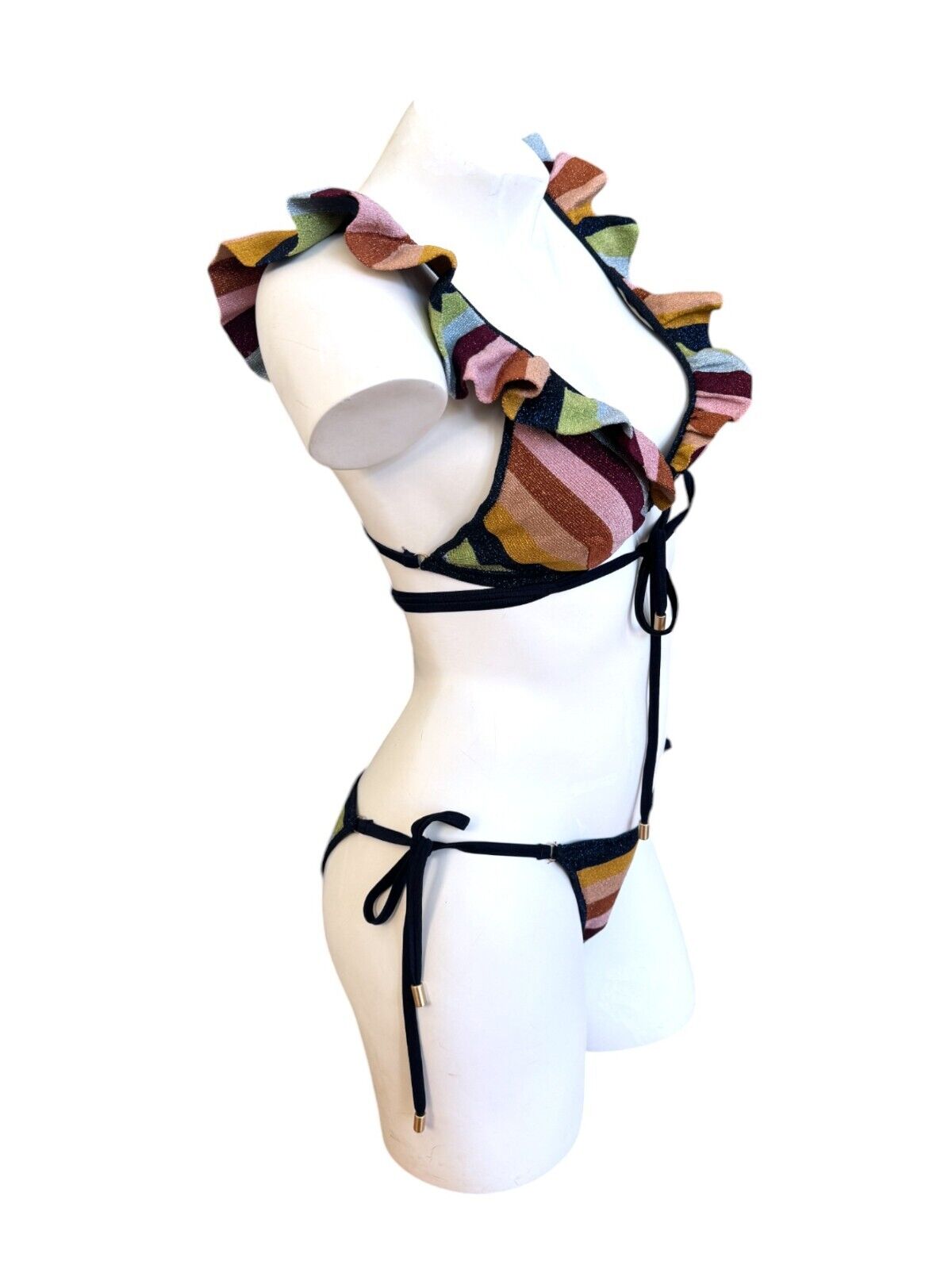 Zimmermann Alight Metallic Knit Bikini Set | Multi Colour Stripe, Wrap, Frills