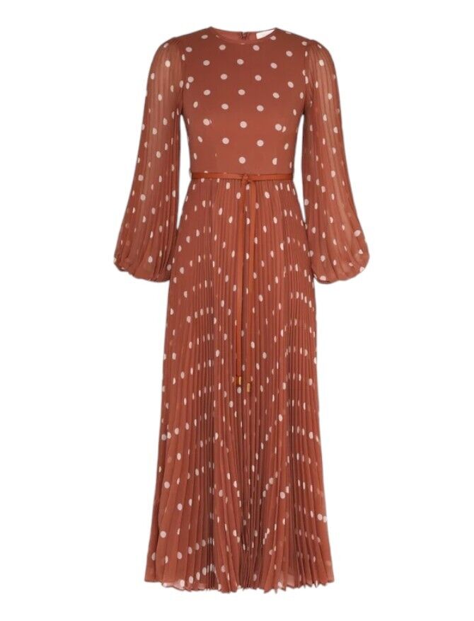 Zimmermann Sunray Long Sleeve Midi Dress | Cream Dot, Puff Sleeve, Pleated, Belt