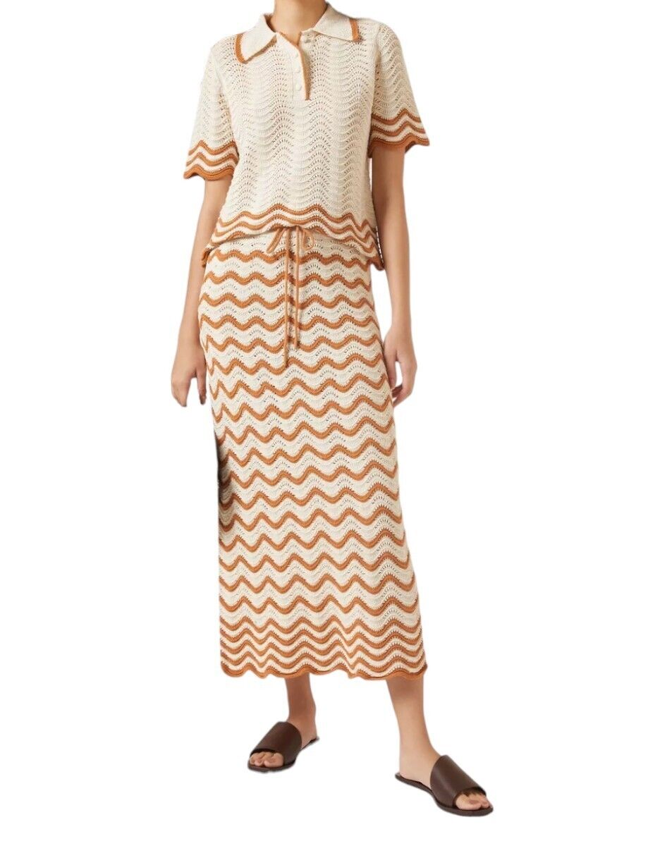 Zimmermann Junie Textured Knit Skirt | Tan/Cream, Crochet, Stretch, Midi