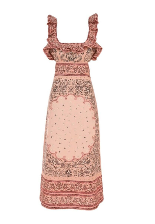 Zimmermann Matchmaker Frilled Midi Dress | Pink Bandana Print, Linen, Backless,