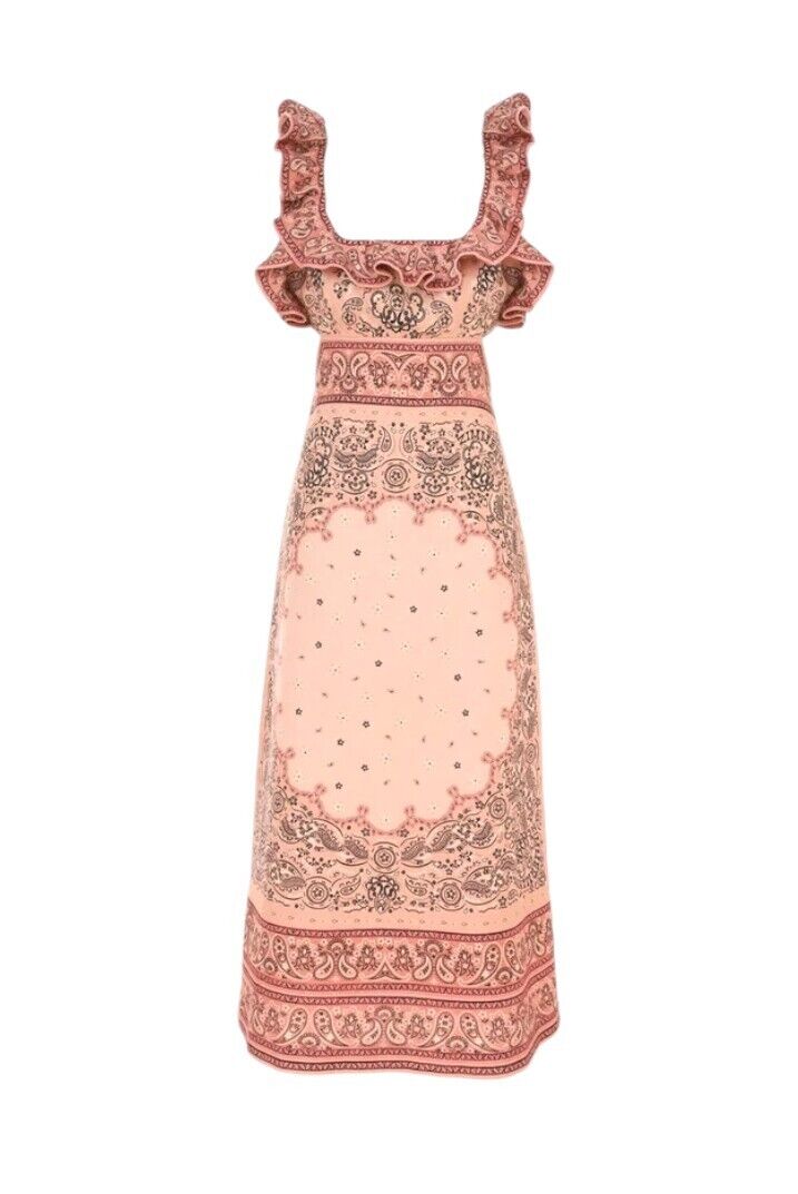 Zimmermann Matchmaker Frilled Midi Dress | Pink Bandana Print, Linen, Backless,