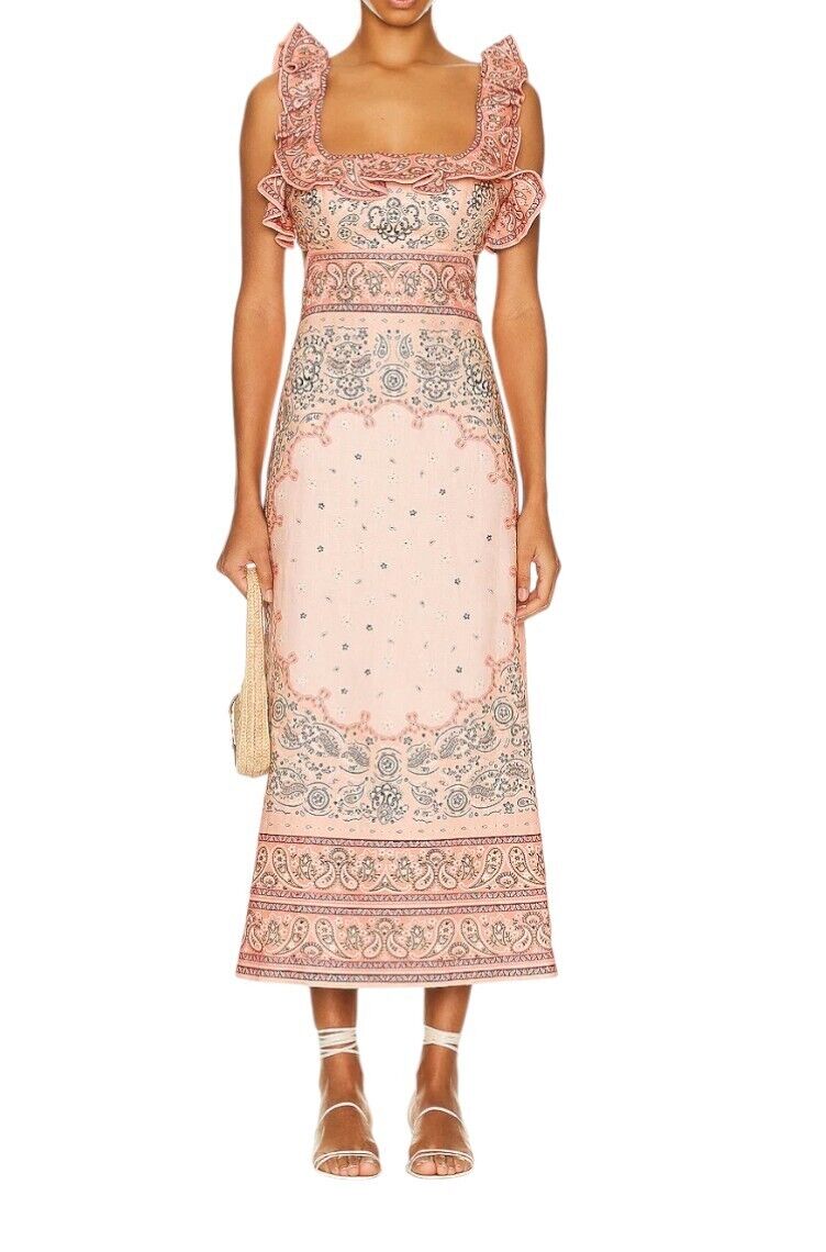 Zimmermann Matchmaker Frilled Midi Dress | Pink Bandana Print, Linen, Backless,