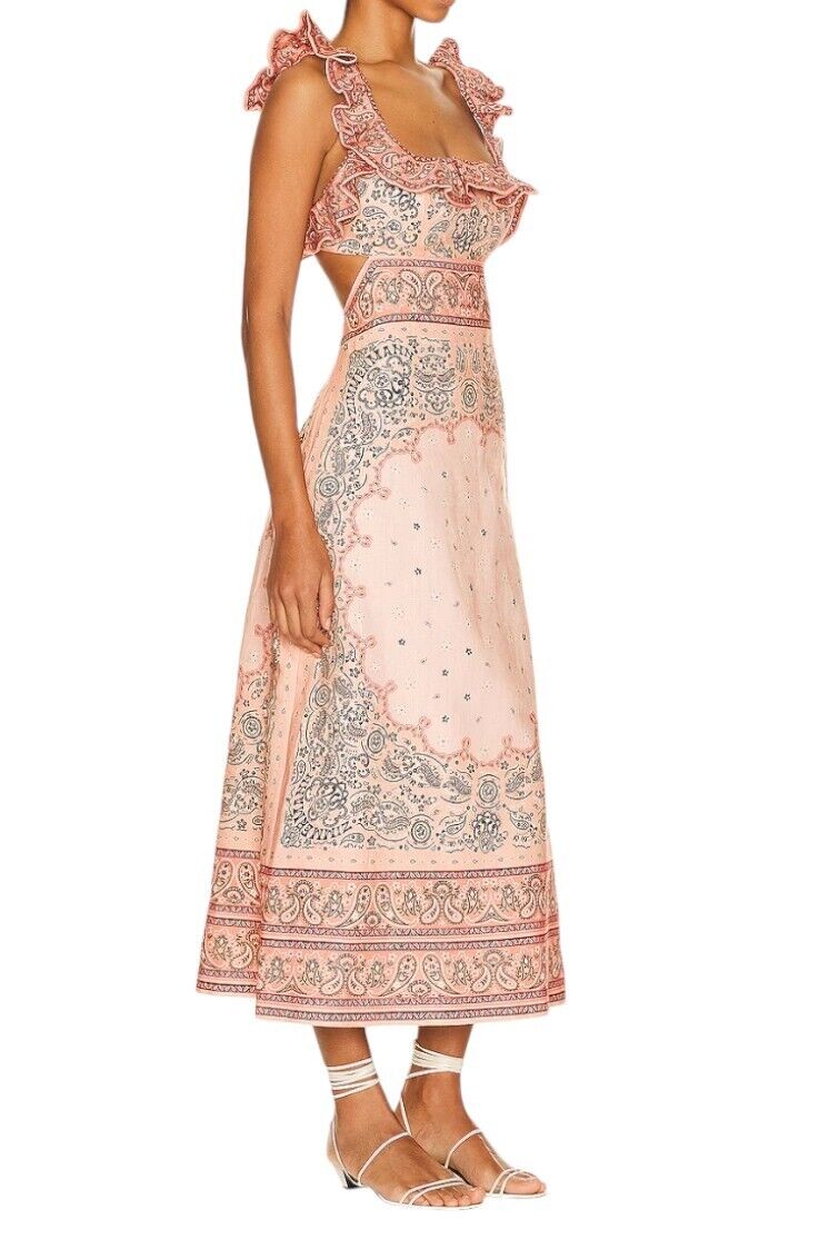 Zimmermann Matchmaker Frilled Midi Dress | Pink Bandana Print, Linen, Backless,