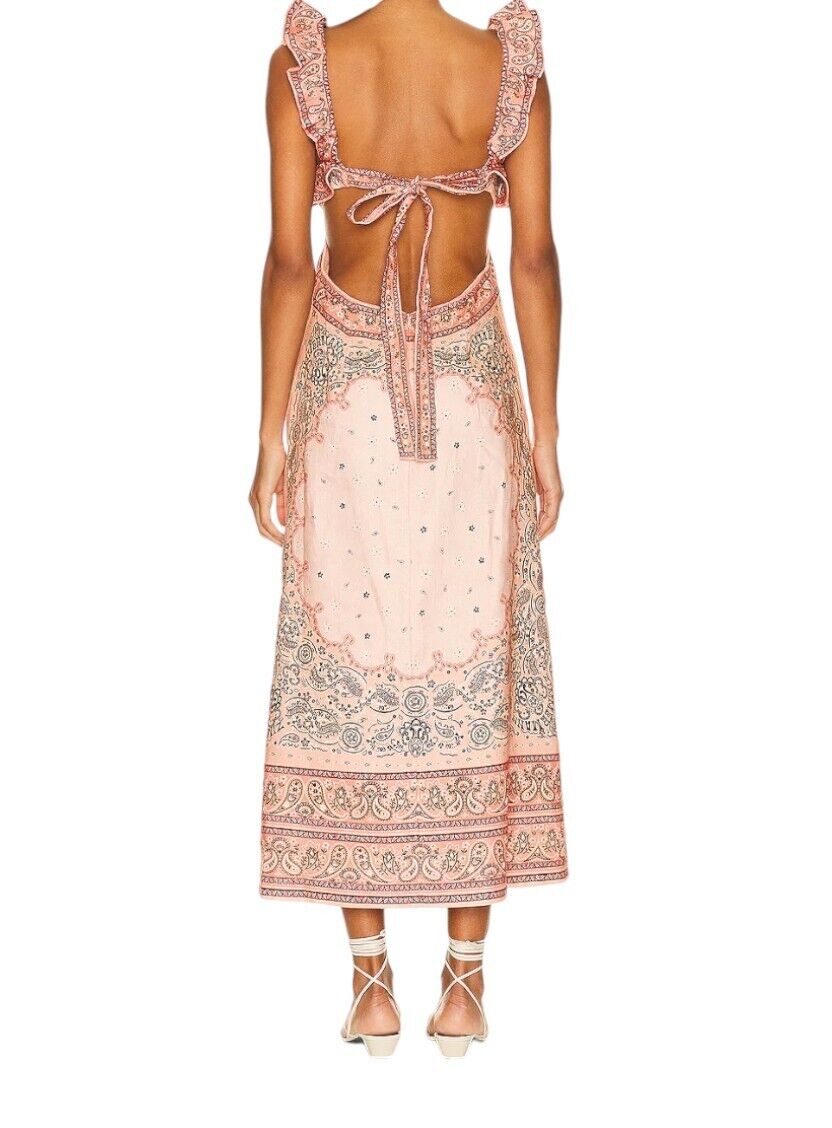 Zimmermann Matchmaker Frilled Midi Dress | Pink Bandana Print, Linen, Backless,