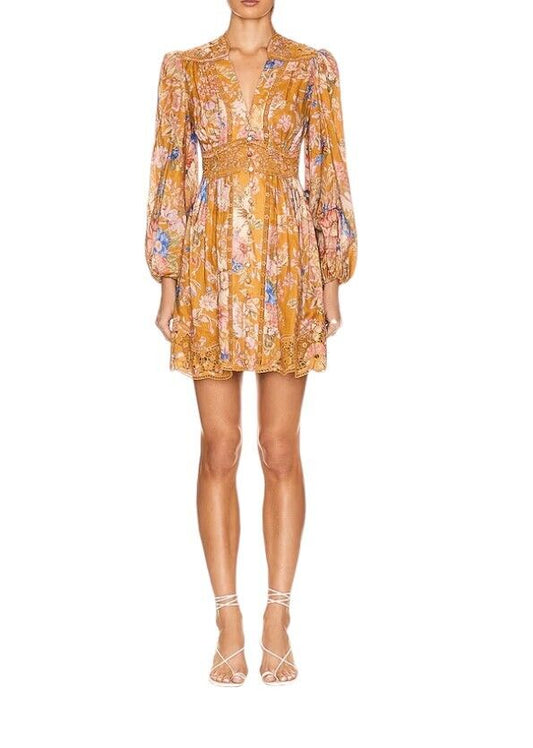 Zimmermann August Plunge Mini Dress | Mustard Floral, Puff Sleeves, Embroidery