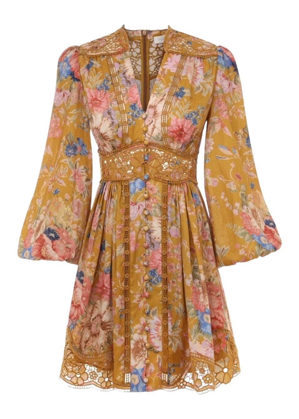 Zimmermann August Plunge Mini Dress | Mustard Floral, Puff Sleeves, Embroidery