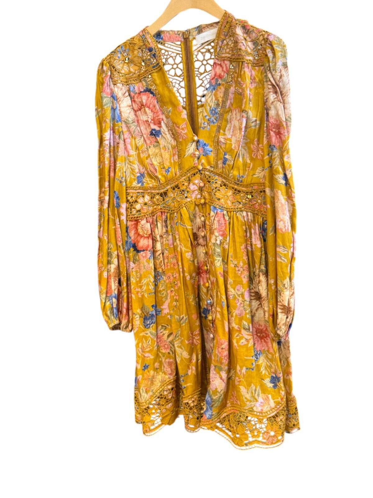 Zimmermann August Plunge Mini Dress | Mustard Floral, Puff Sleeves, Embroidery