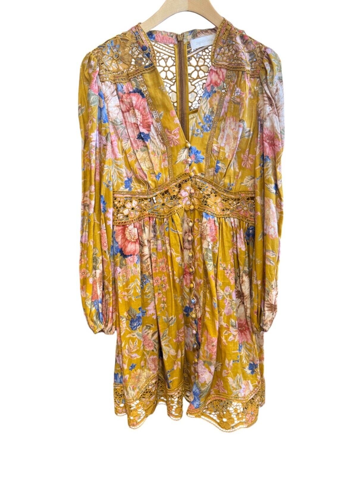 Zimmermann August Plunge Mini Dress | Mustard Floral, Puff Sleeves, Embroidery