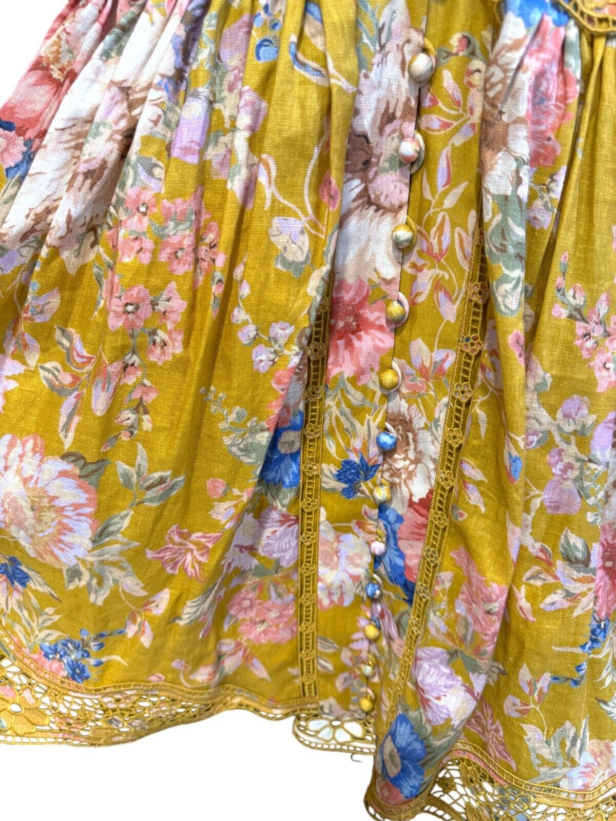 Zimmermann August Plunge Mini Dress | Mustard Floral, Puff Sleeves, Embroidery