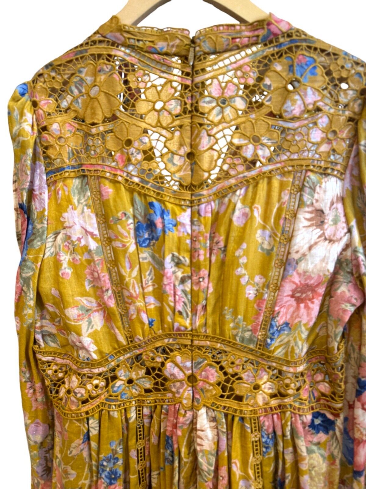 Zimmermann August Plunge Mini Dress | Mustard Floral, Puff Sleeves, Embroidery