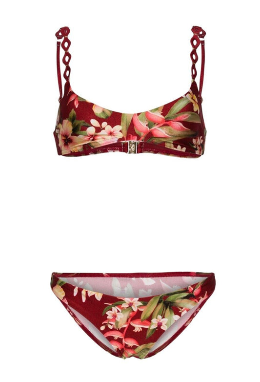 Zimmermann Lexi Diamond Trim Bikini | Red Palm Floral, Scoop Neck, Low Rise