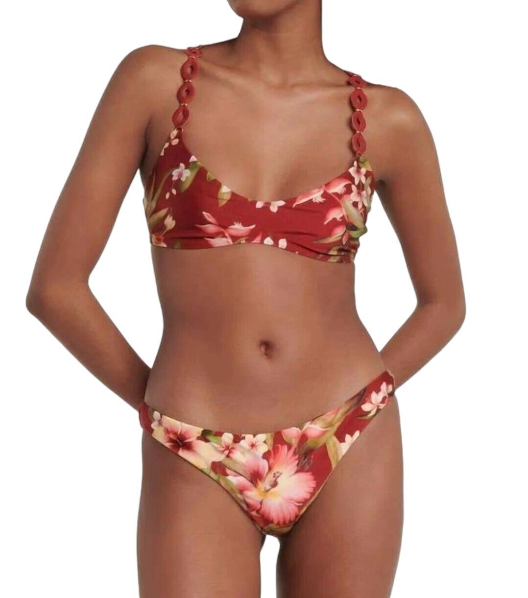 Zimmermann Lexi Diamond Trim Bikini | Red Palm Floral, Scoop Neck, Low Rise