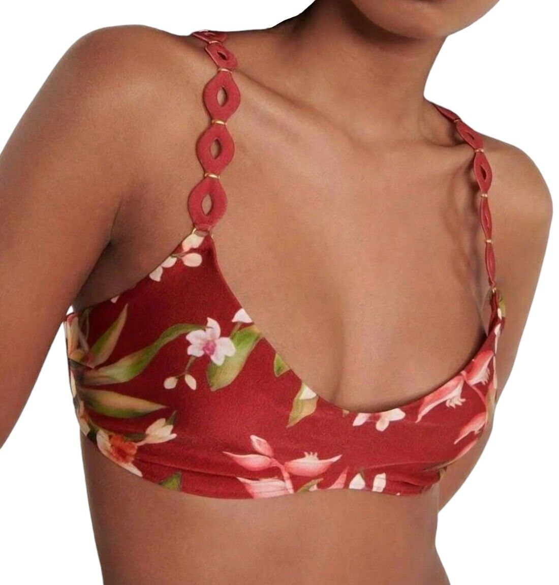 Zimmermann Lexi Diamond Trim Bikini | Red Palm Floral, Scoop Neck, Low Rise