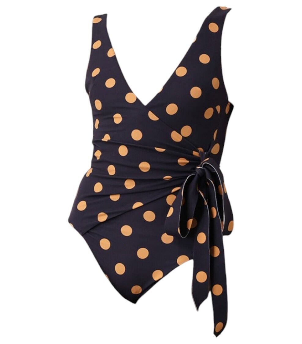 Zimmermann Separates Sculpt Wrap Tie One Piece | Navy/Beige Polka Dot, V Neck