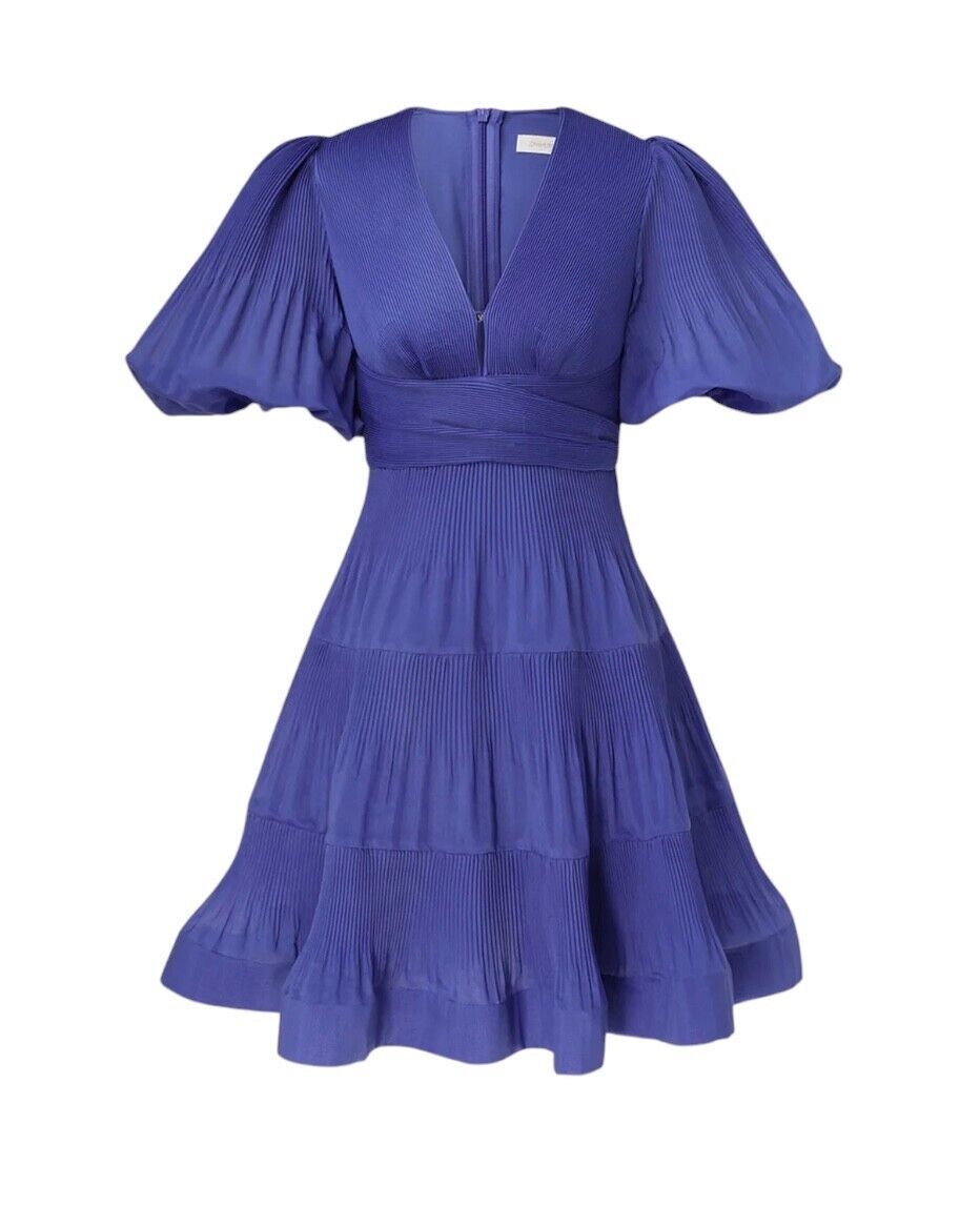 Zimmermann Pleated Mini Dress |Plisse, Lapis/Blue, Puff Sleeves, Plunging V-Neck