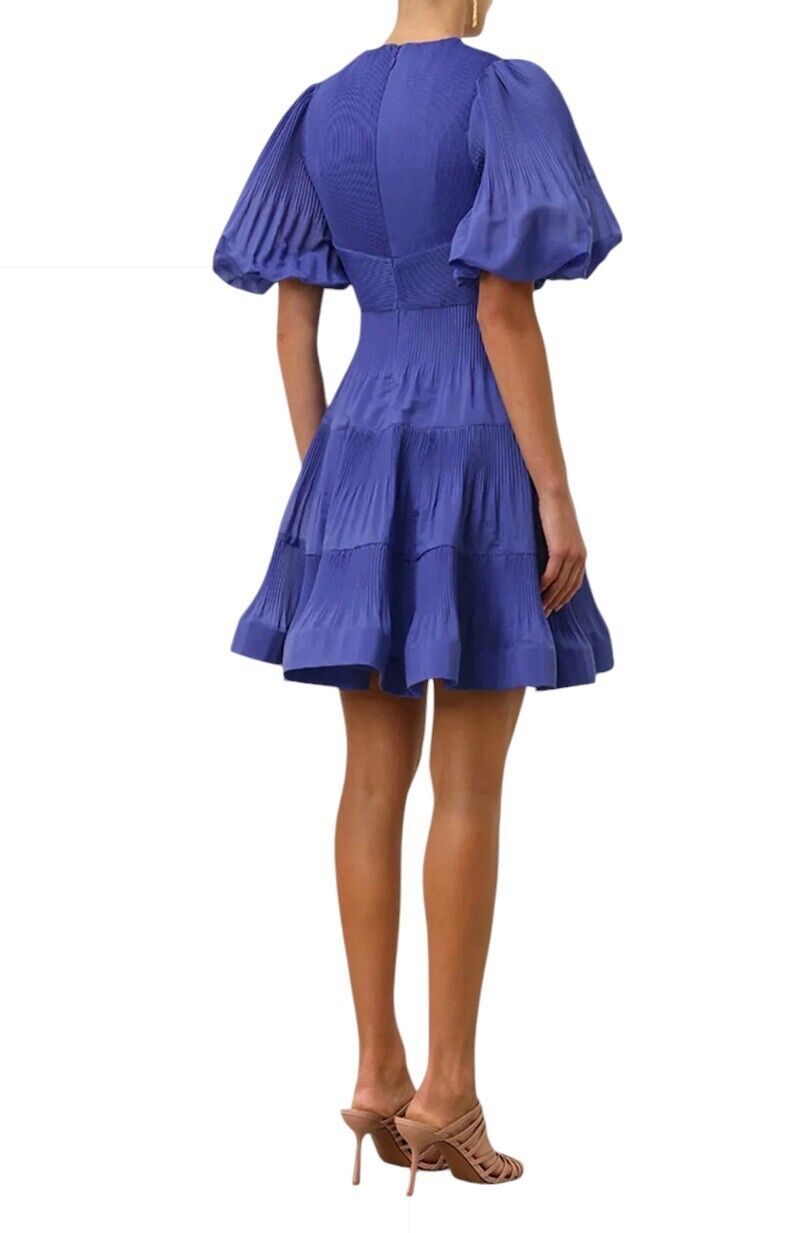 Zimmermann Pleated Mini Dress |Plisse, Lapis/Blue, Puff Sleeves, Plunging V-Neck