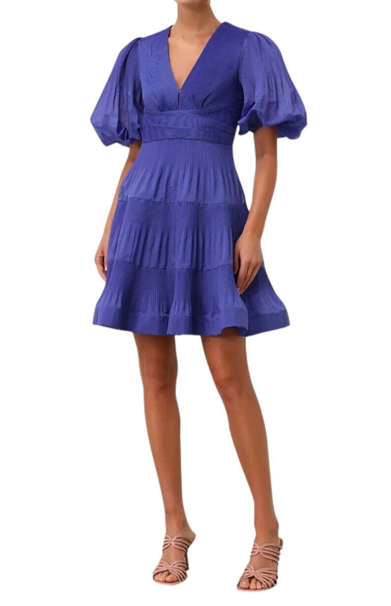 Zimmermann Pleated Mini Dress |Plisse, Lapis/Blue, Puff Sleeves, Plunging V-Neck