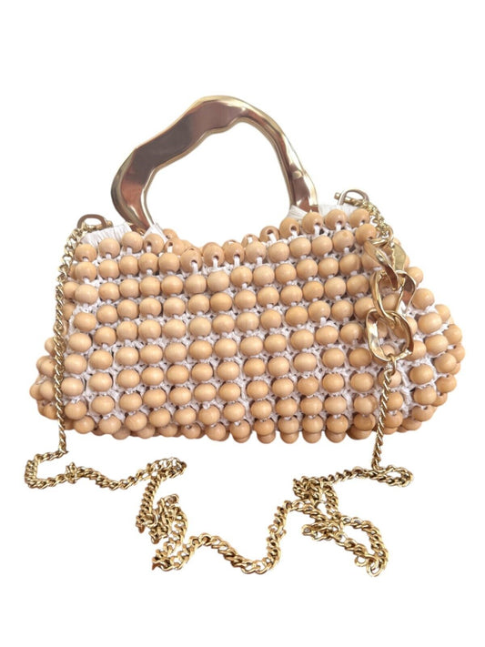 Aje Velerie Beaded Clutch/Crossbody Handbag | Beige/Gold, Beads, Chain Strap