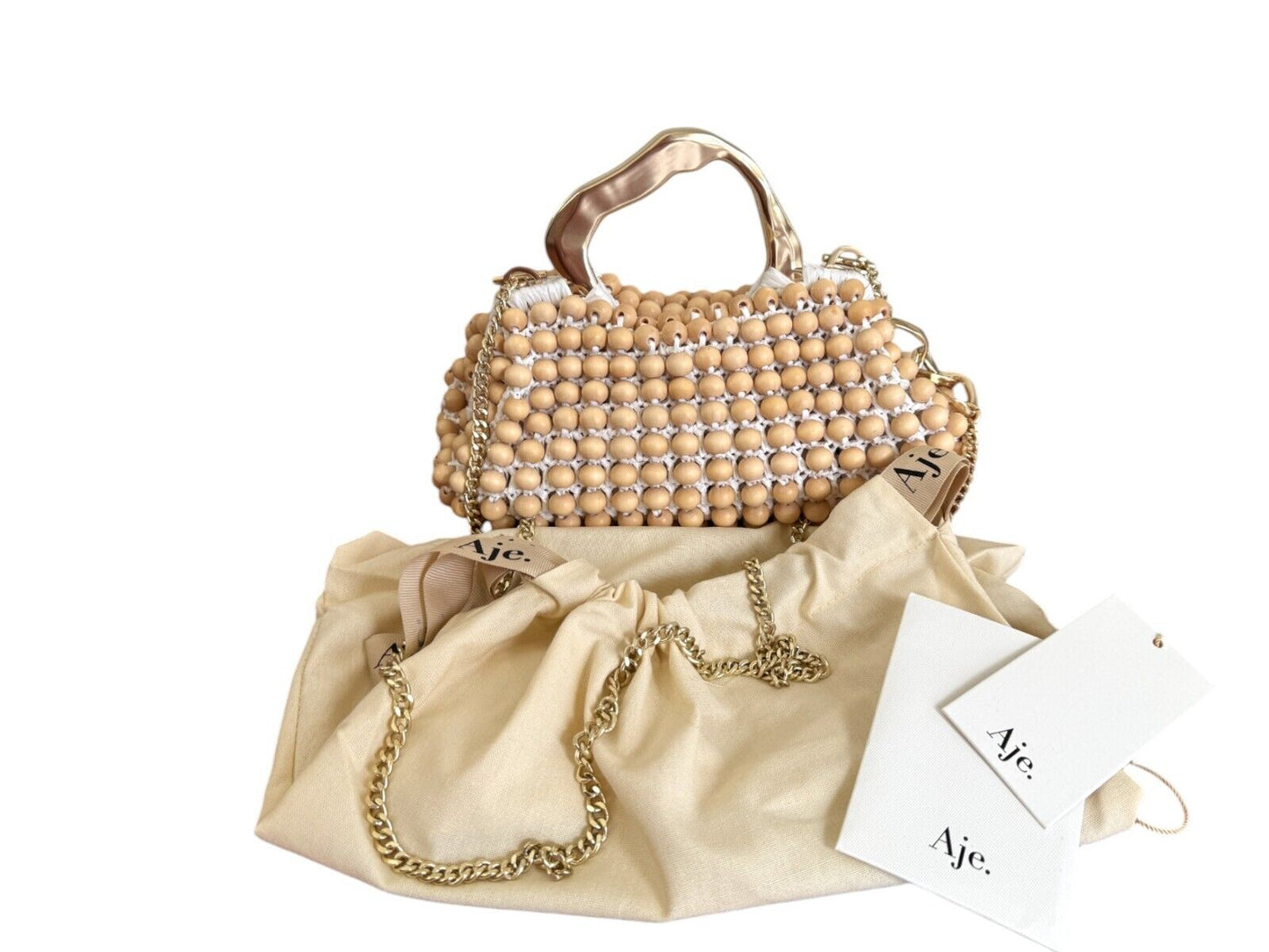 Aje Velerie Beaded Clutch/Crossbody Handbag | Beige/Gold, Beads, Chain Strap