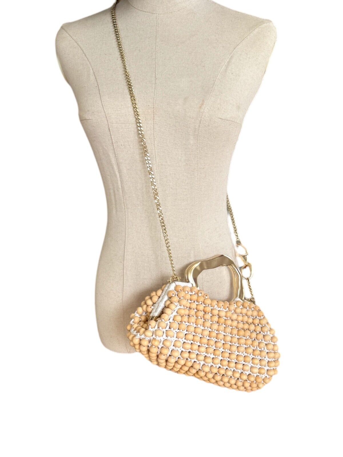 Aje Velerie Beaded Clutch/Crossbody Handbag | Beige/Gold, Beads, Chain Strap